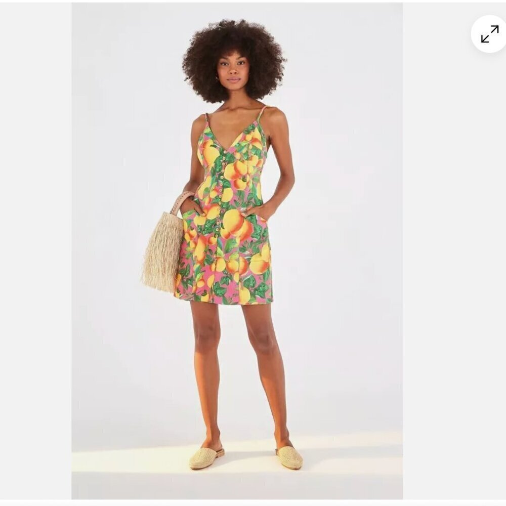 FARM Rio Orange Sunset Boho Summer Fruit Print Strappy Linen Dress Size X-Large